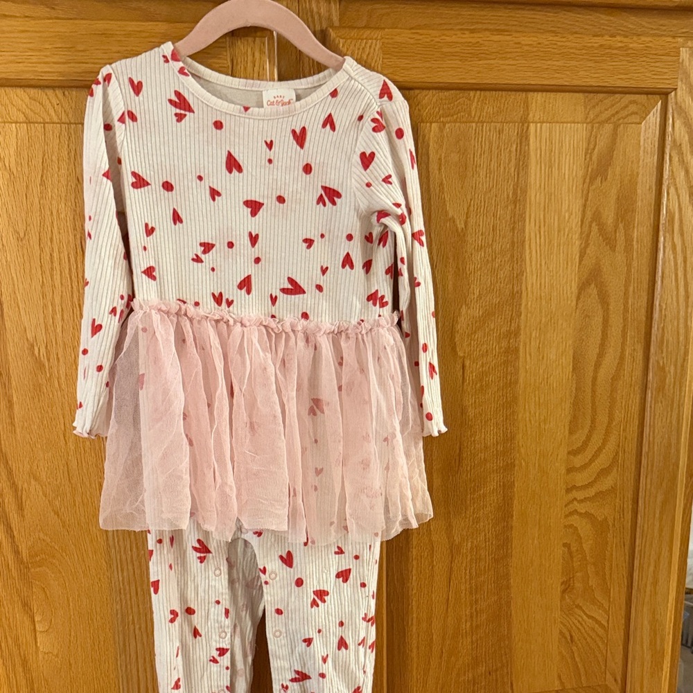Cat & Jack White and Red Heart Pajama Set with Pink Tulle